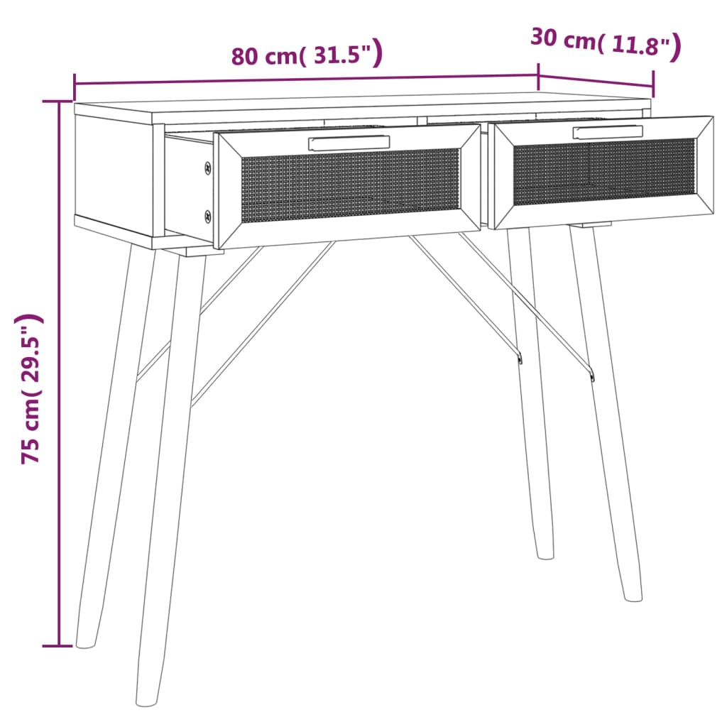 vidaXL Mesa consola 80x30x75 cm pinho maciço e vime natural castanho