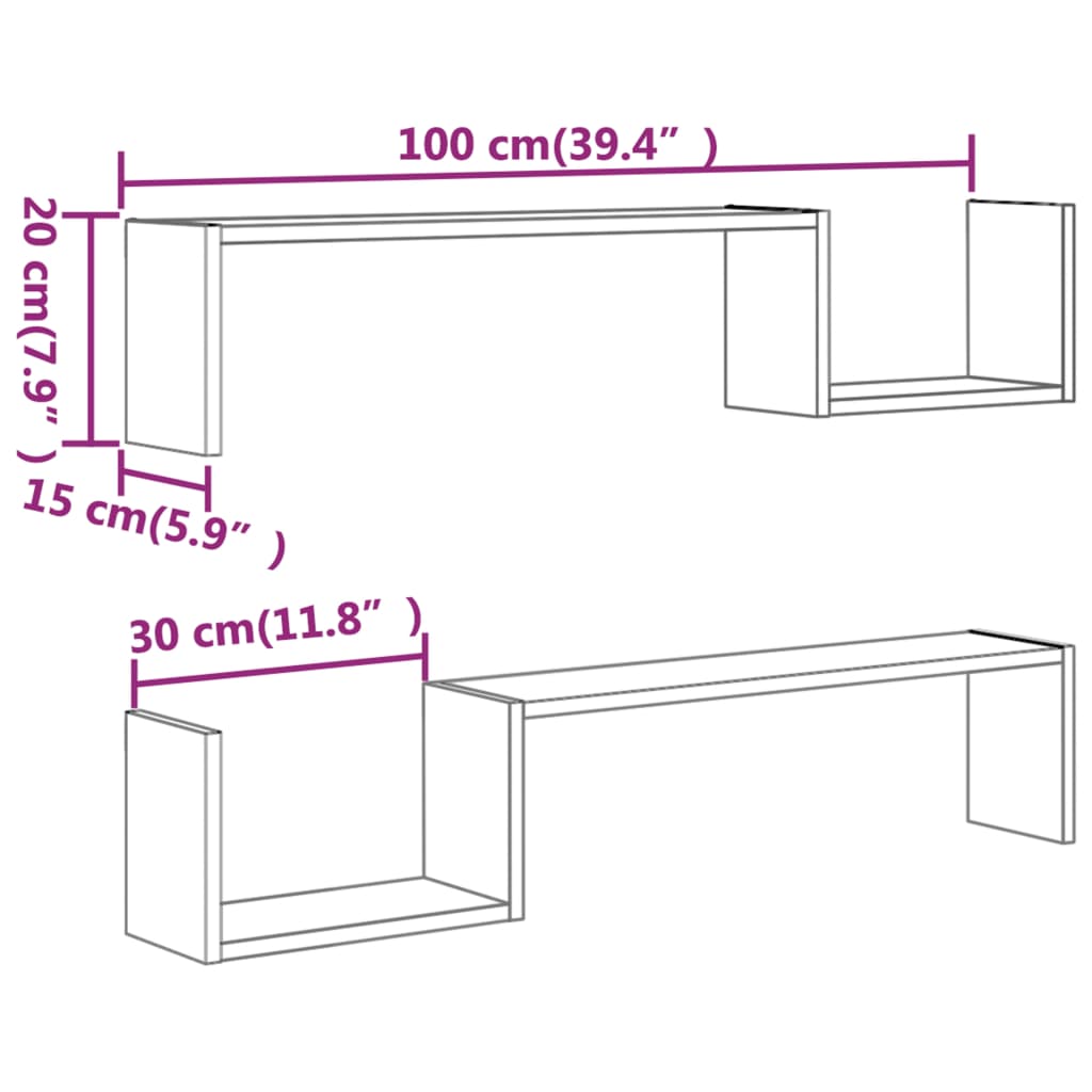 vidaXL Prateleira parede 2pcs 100x15x20cm deriv. madeira carvalho fum.