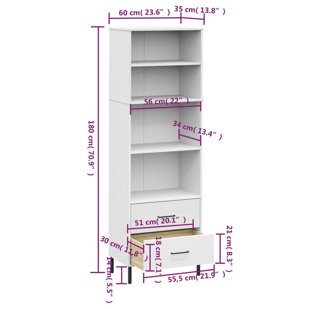 vidaXL Estante c/ 2 gavetas 60x35x180 cm madeira maciça OSLO branco