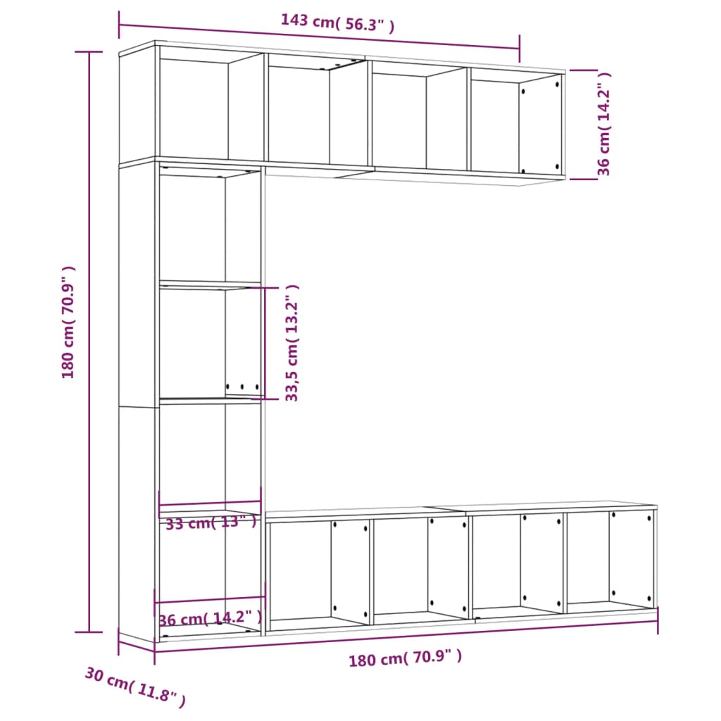 vidaXL 3 pcs conjunto estante/móvel TV 180x30x180 cm cinzento sonoma