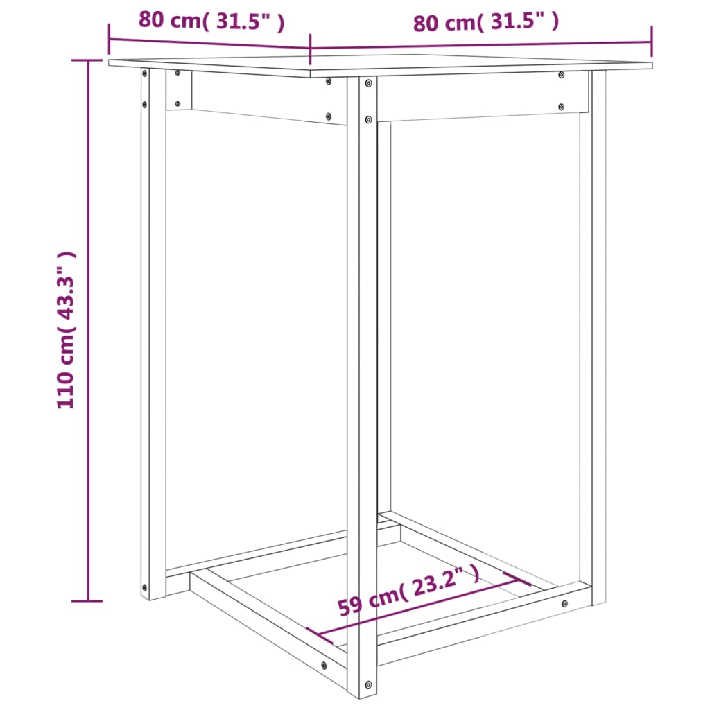 vidaXL Mesa de bar 80x80x110 cm madeira de pinho maciça