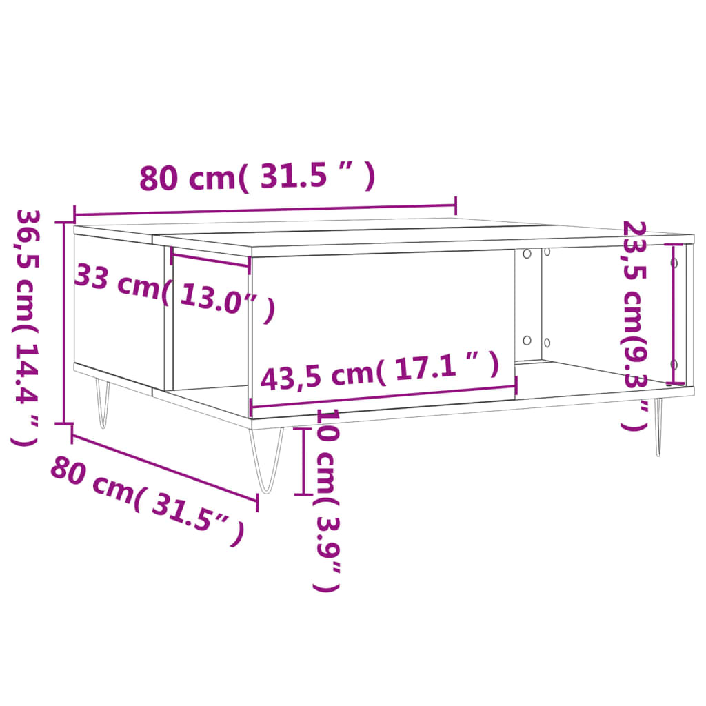 vidaXL Mesa de centro 80x80x36,5 cm derivados madeira cinzento cimento