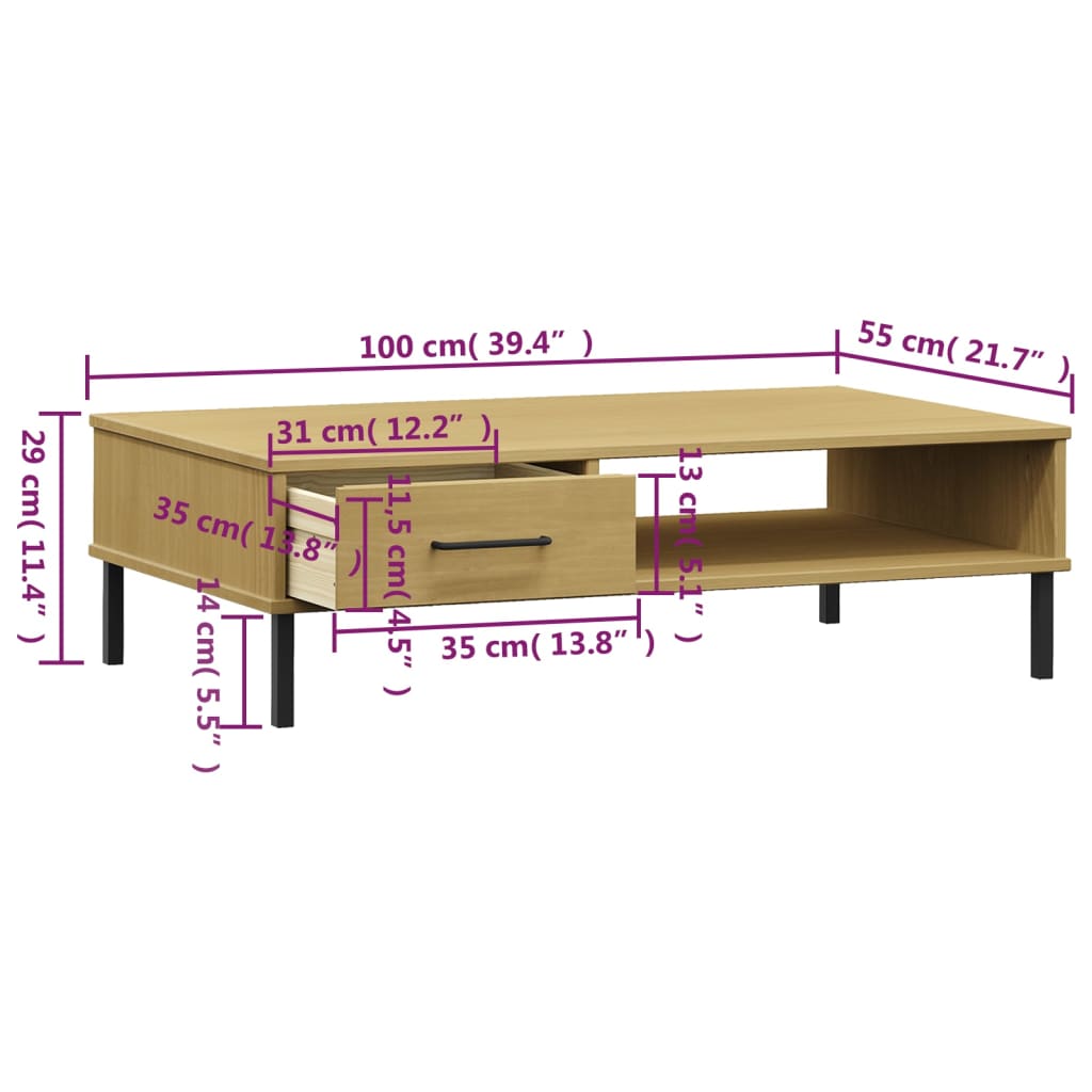 vidaXL Mesa de centro c/ pernas de metal pinho maciço OSLO castanho