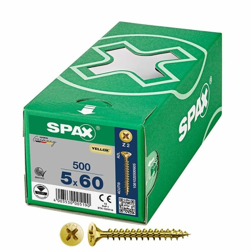 SPAX|Caixa de parafusos SPAX Yellox Z2 Cabeça plana 5,0 x 60 mm 500 Unidades SPAX|Caixa de parafusos SPAX Yellox Z2 Cabeça plana 5,0 x 60 mm 500 Unidades