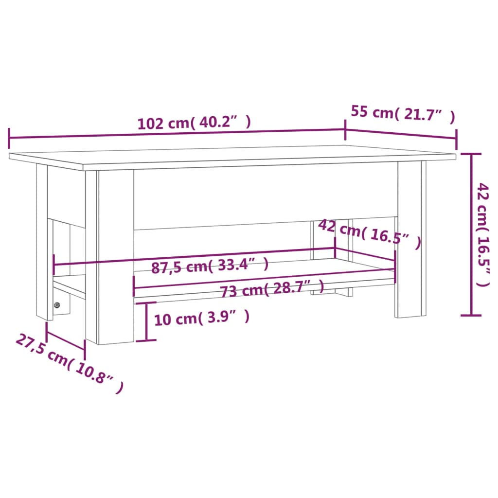 vidaXL Mesa de centro 102x55x42 cm aglomerado cor carvalho castanho