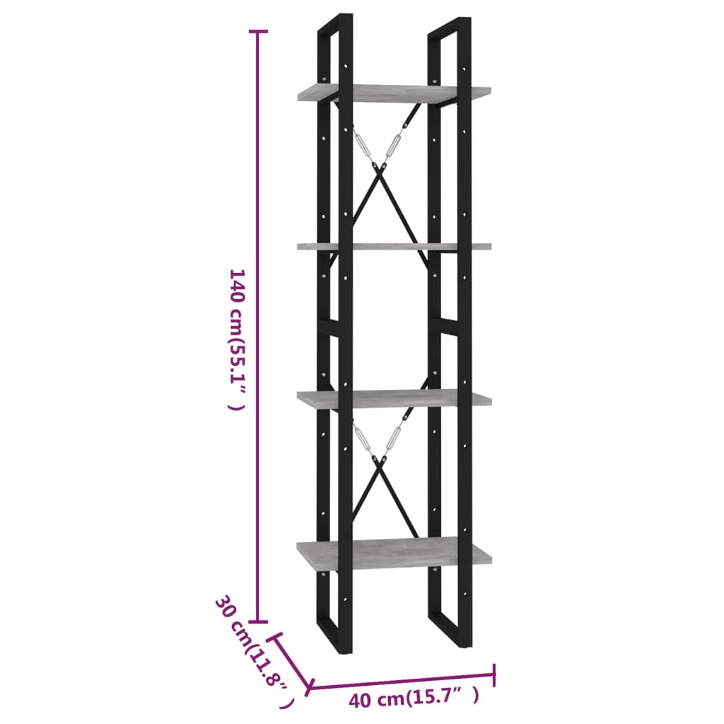 vidaXL Estante c/ 4 prateleiras 40x30x140cm contrapl. cinzento-cimento