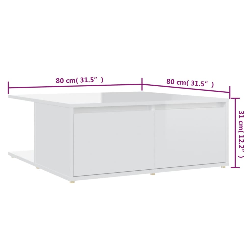 vidaXL Mesa de centro 80x80x31 cm contraplacado branco brilhante