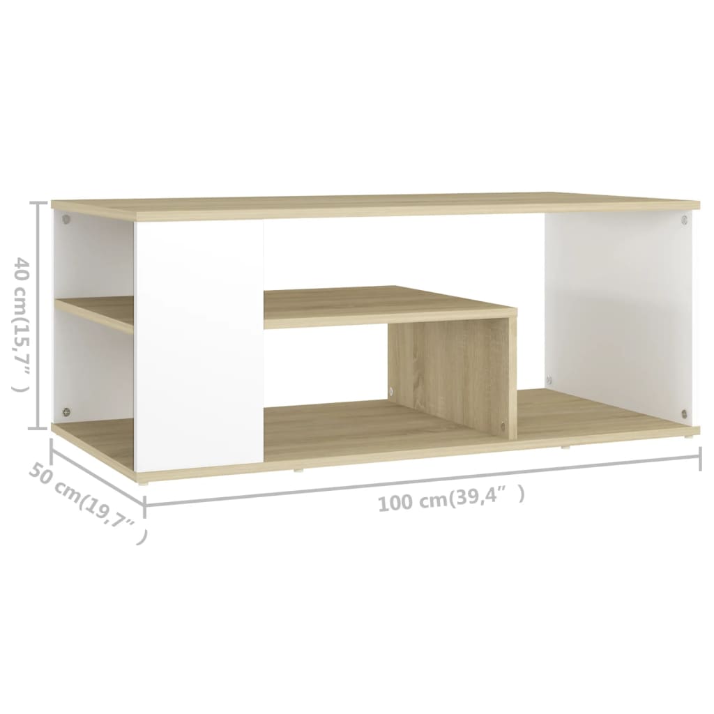 vidaXL Mesa de centro 100x50x40cm contraplacado branco/carvalho sonoma