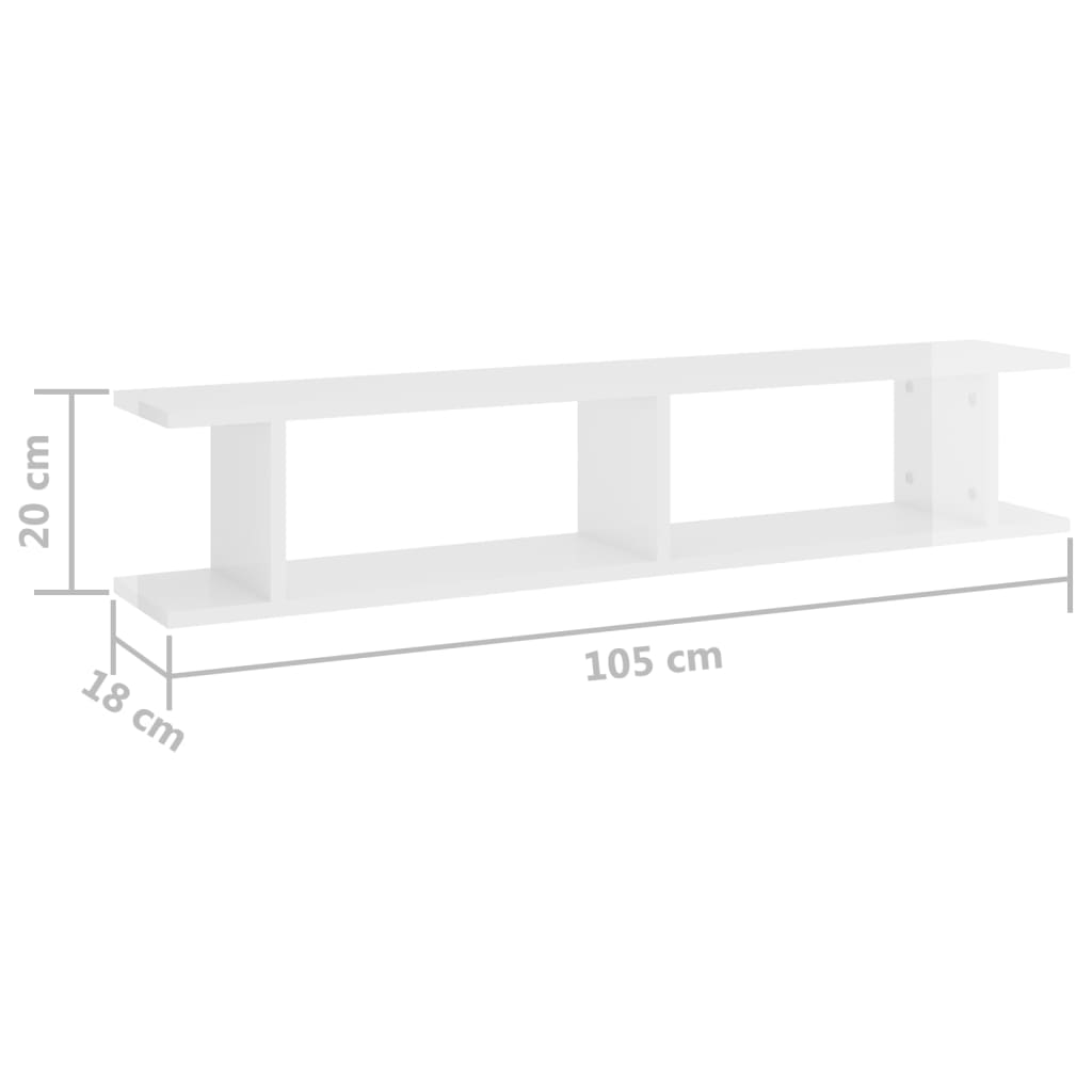 vidaXL Estantes de parede 2 pcs 105x18x20cm contrapl. branco brilhante