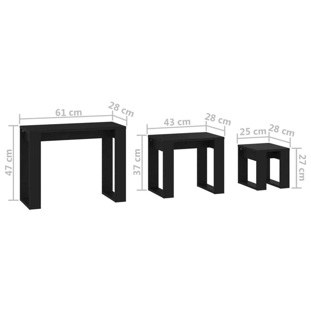 vidaXL Mesas de encastrar 3 pcs madeira processada preto