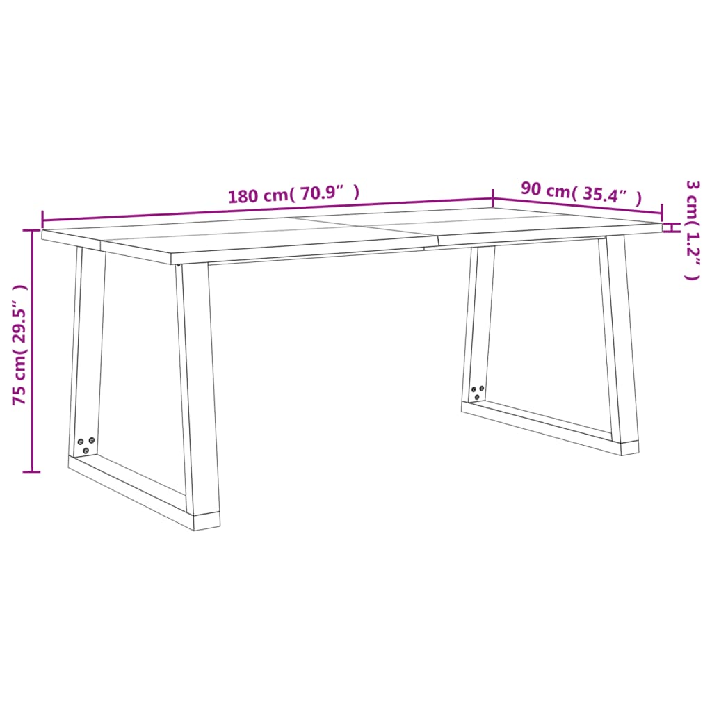 vidaXL Mesa de jantar c/ bordas vivas 180x90x75 cm acácia maciça