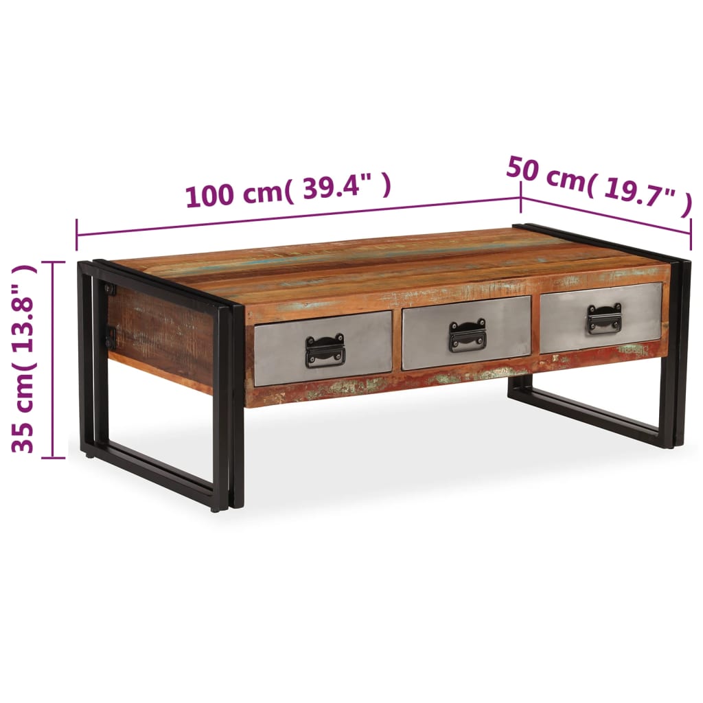 vidaXL Mesa de centro 3 gavetas madeira recuperada maciça 100x50x35 cm