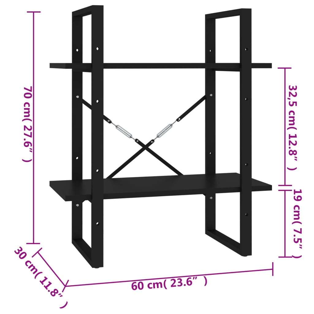 vidaXL Estante com 2 prateleiras 60x30x70 cm contraplacado preto