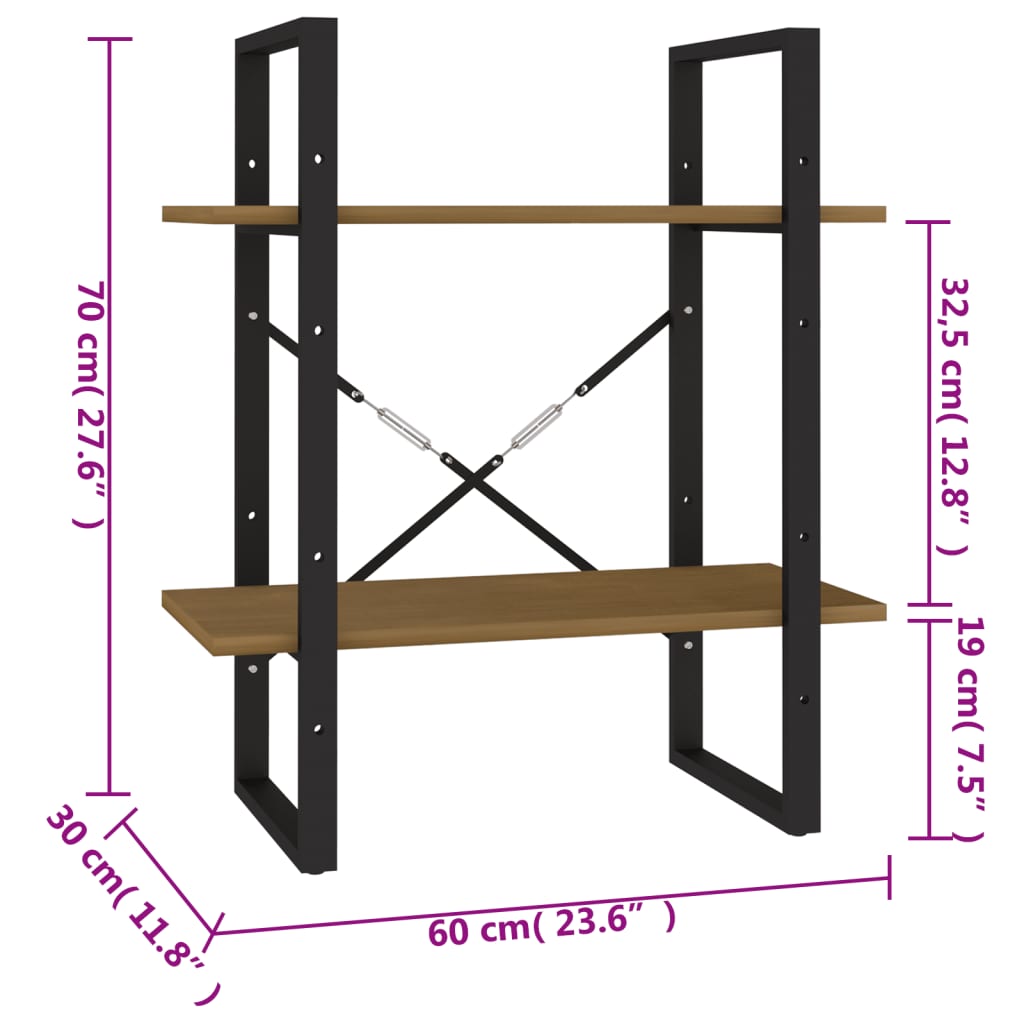 vidaXL Estante com 2 prateleiras 60x30x70 cm pinho maciço castanho mel