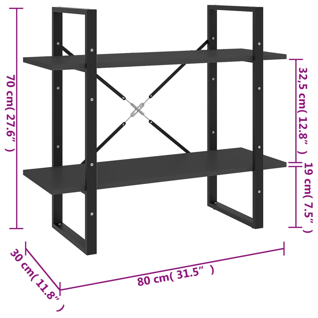 vidaXL Estante com 2 prateleiras 80x30x70 cm contraplacado cinzento