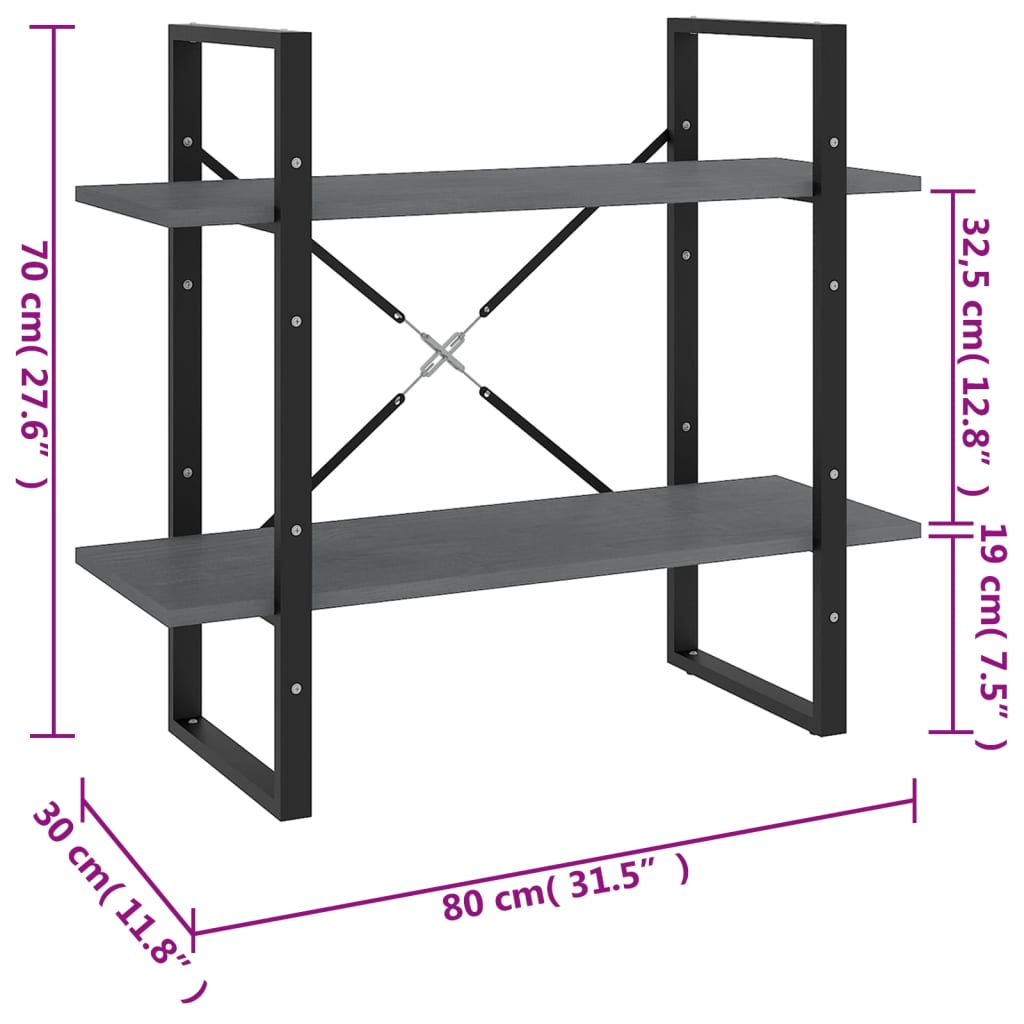 vidaXL Estante com 2 prateleiras 80x30x70 cm pinho maciço cinzento