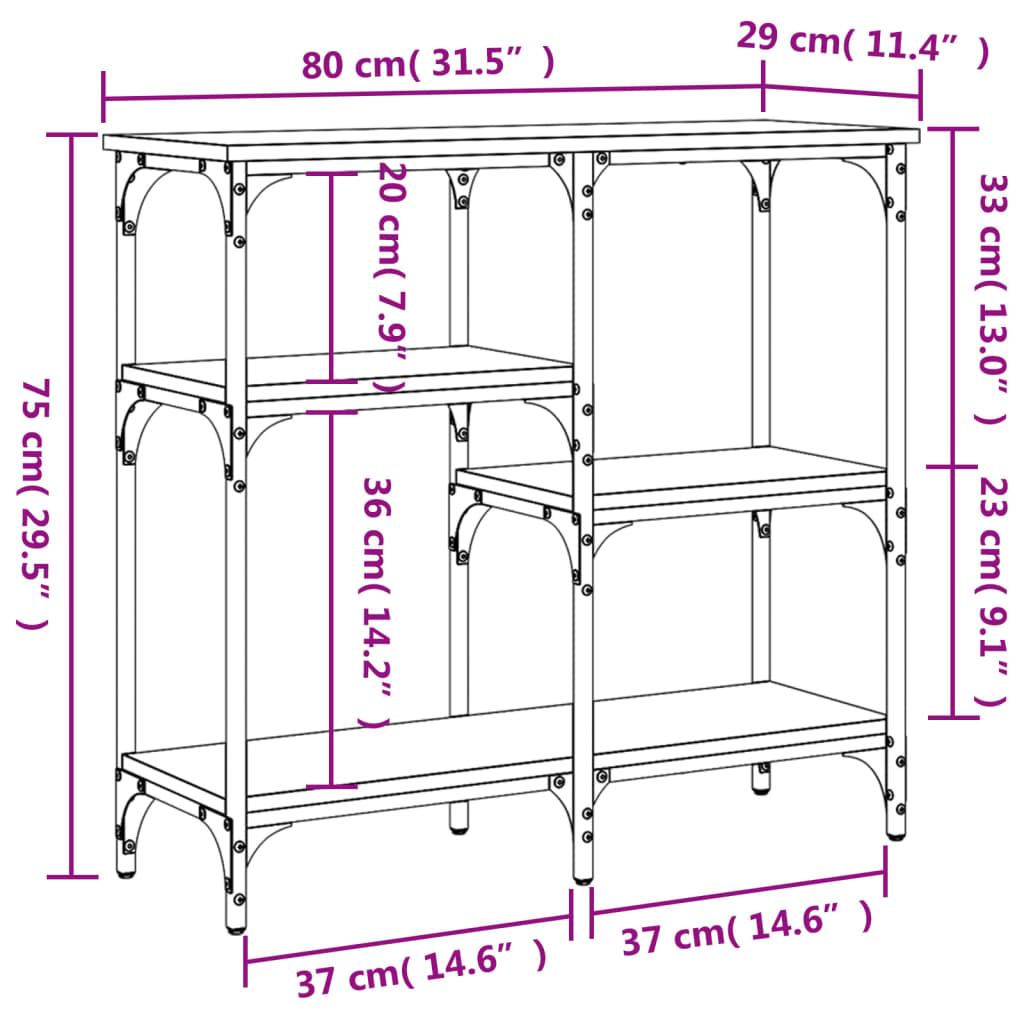 vidaXL Mesa consola 80x29x75 cm derivados madeira carvalho castanho