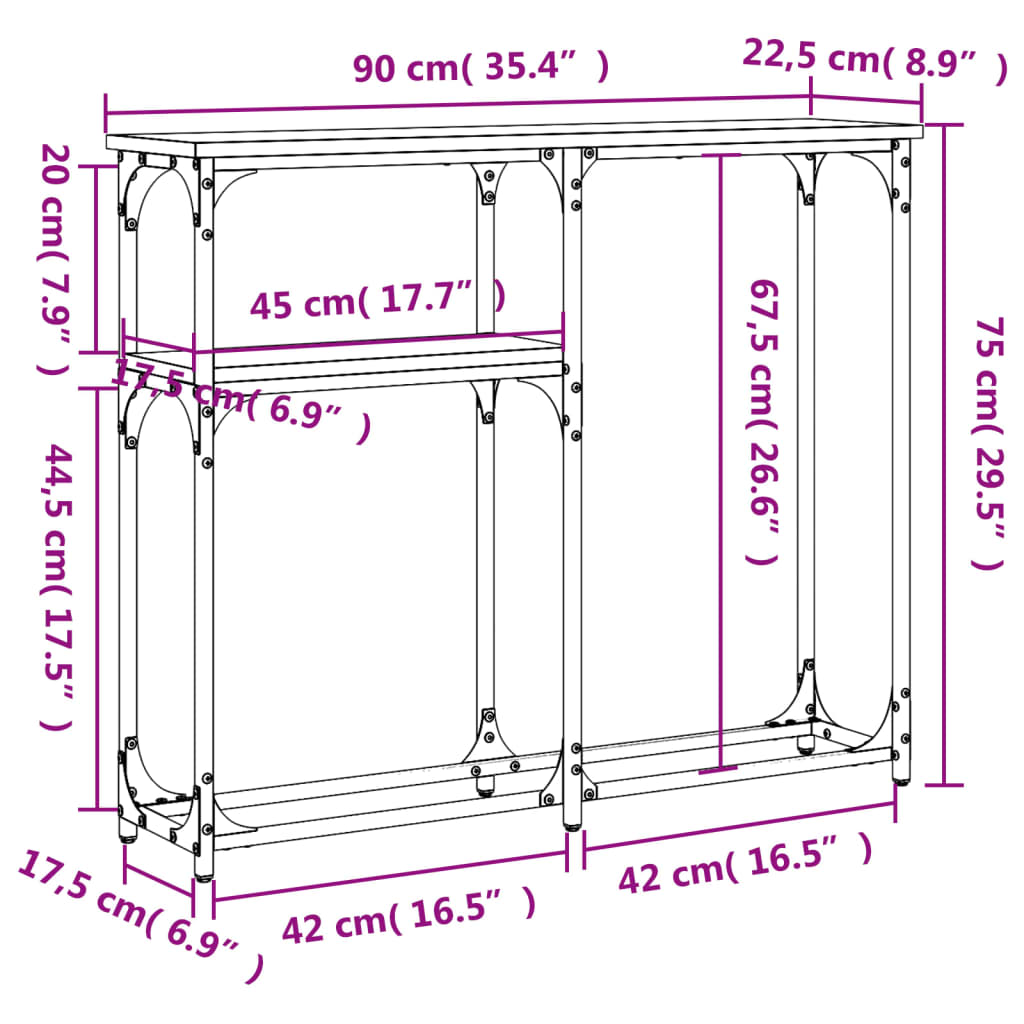 vidaXL Mesa consola 90x22,5x75 cm derivados de madeira cinzento sonoma