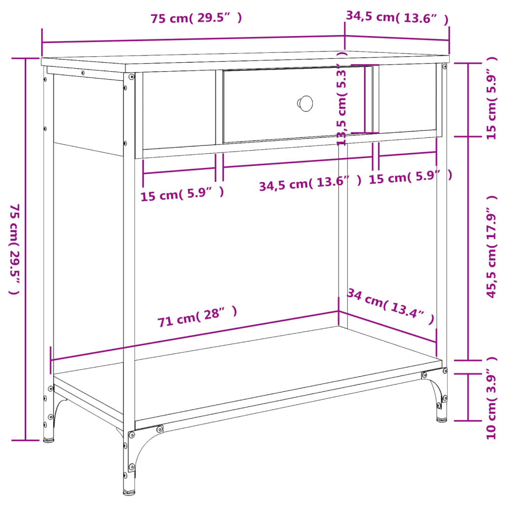 vidaXL Mesa consola 75x34,5x75 cm derivados de madeira cinzento sonoma