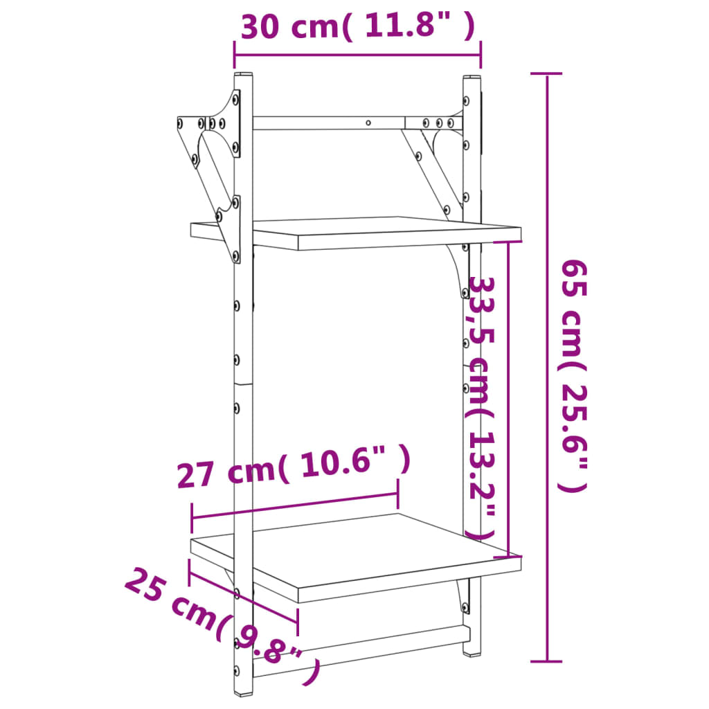 vidaXL Estante 2 prateleiras c/ barras 2pcs 30x25x65cm carvalho sonoma