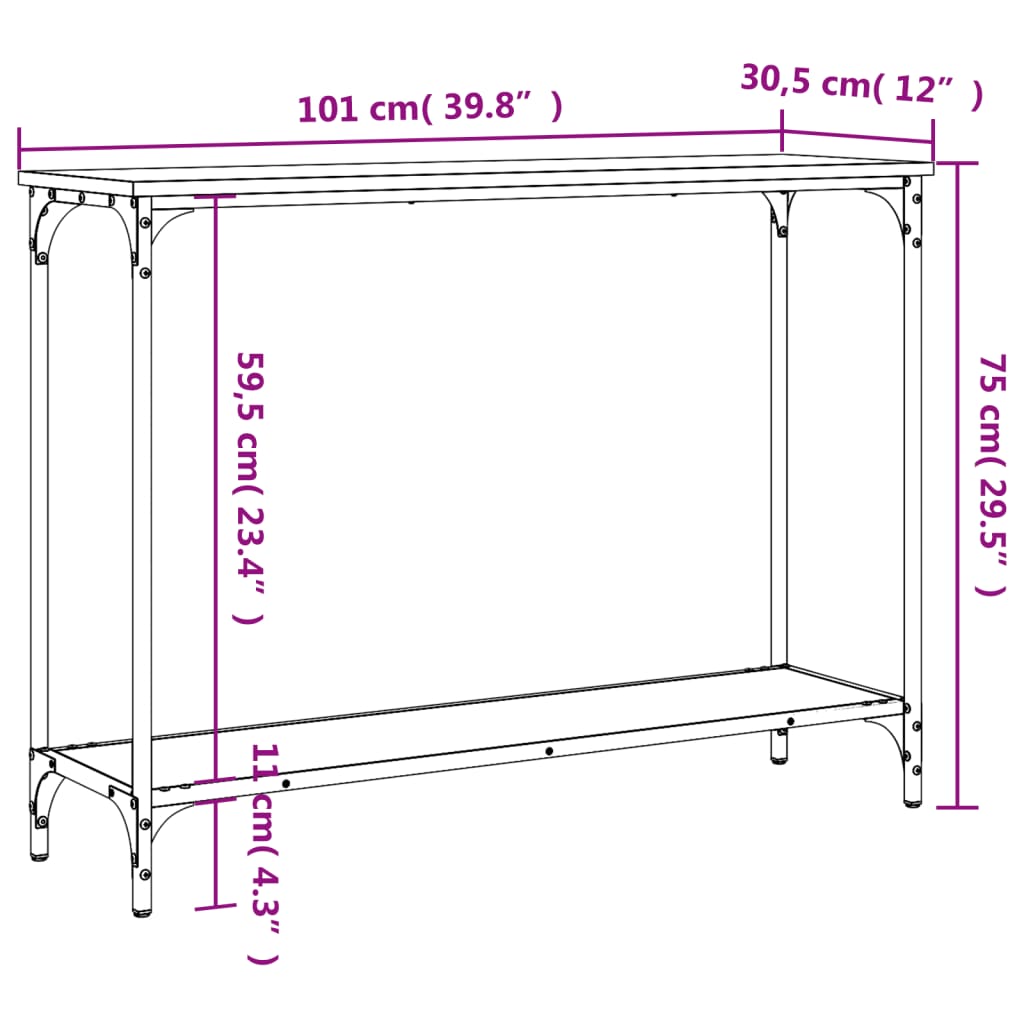 vidaXL Mesa consola 101x30,5x75 cm derivados de madeira preto