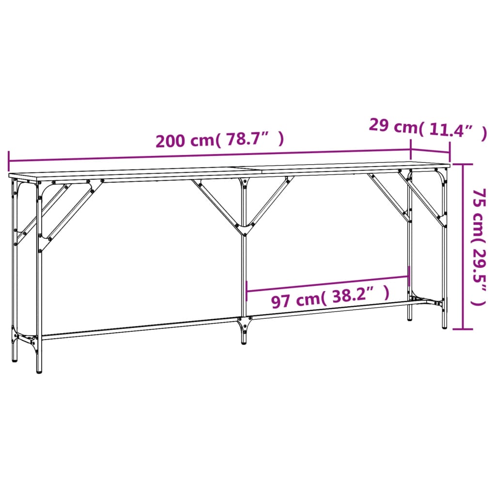 vidaXL Mesa consola 200x29x75 cm derivados de madeira cinzento sonoma