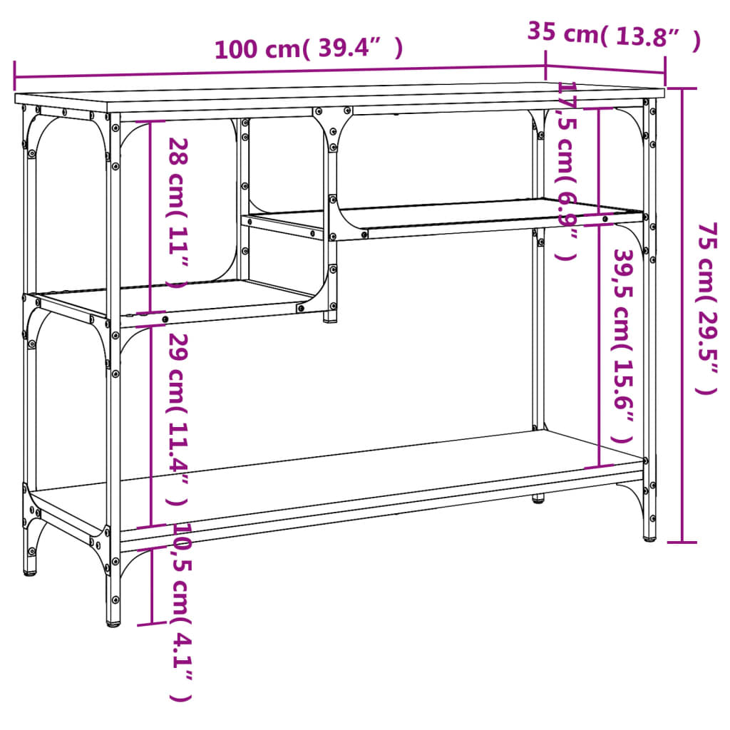 vidaXL Mesa consola c/ prateleiras 100x35x75 cm preto