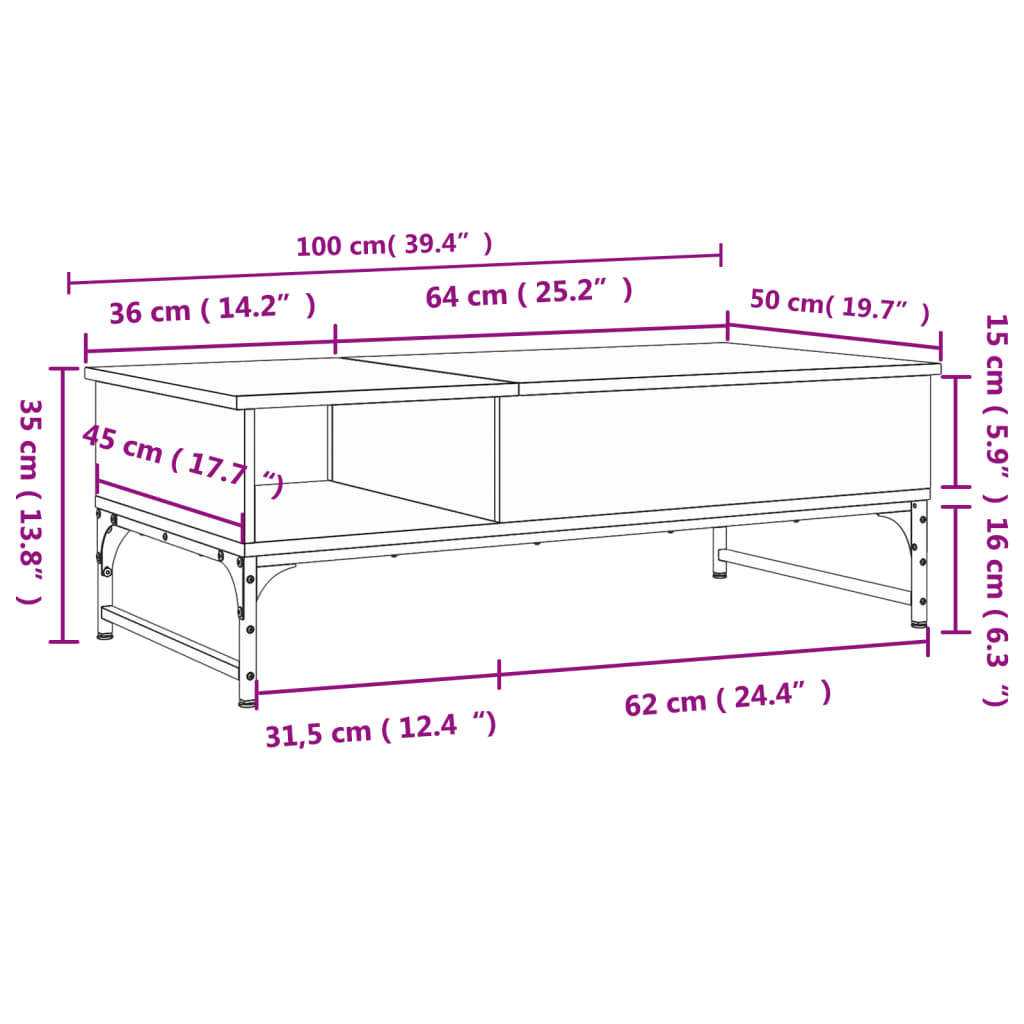 vidaXL Mesa de centro 100x50x35cm deriv. madeira/metal carvalho fumado