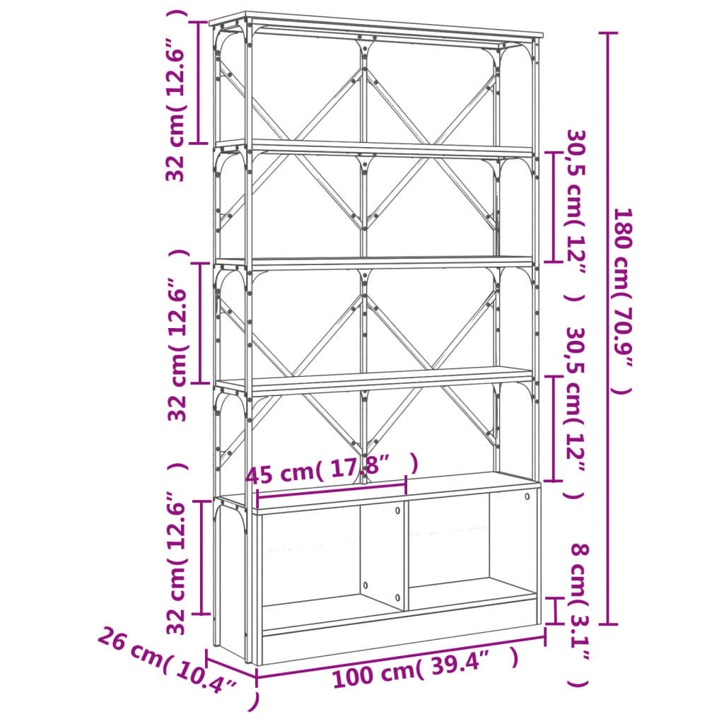 vidaXL Estante 100x26x180 cm derivados de madeira e metal cinza sonoma