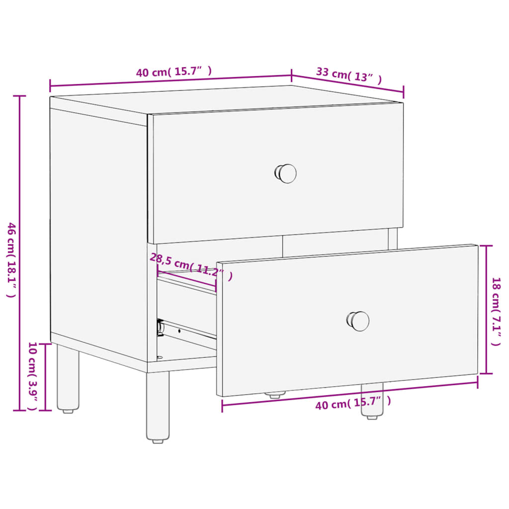 vidaXL Mesas de cabeceira 2 pcs 40x33x46 cm mangueira maciça preto