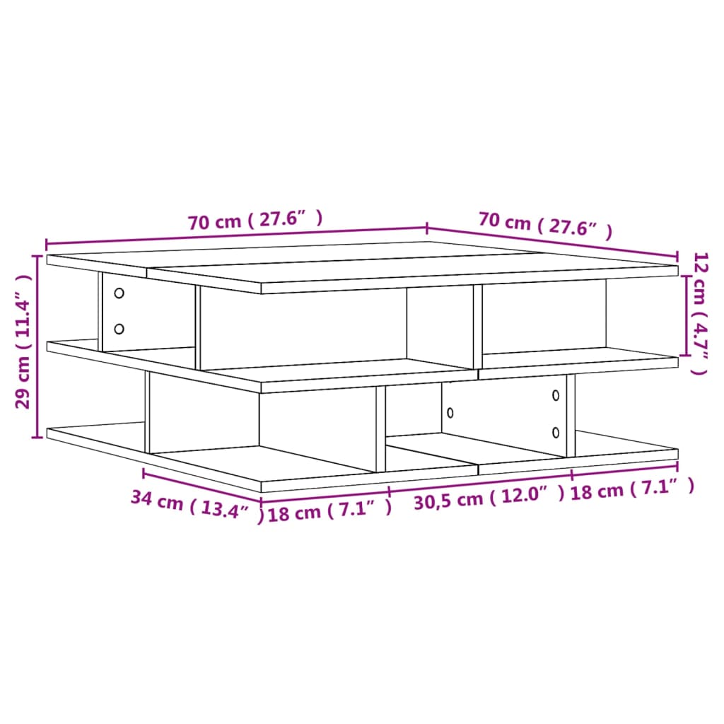 vidaXL Mesa de centro 70x70x29 cm contraplacado carvalho sonoma