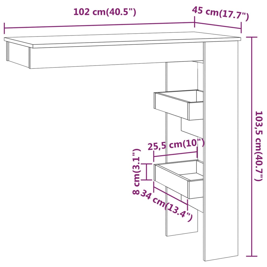 vidaXL Mesa de bar p/ parede 102x45x103,5 cm derivados madeira preto