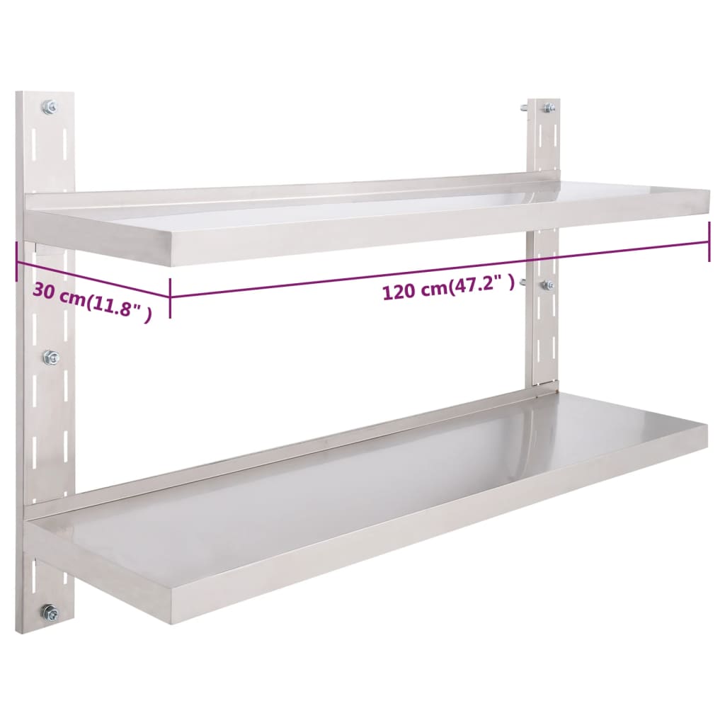 vidaXL Prateleira de parede suspensa 2 níveis 120x30 cm aço inoxidável