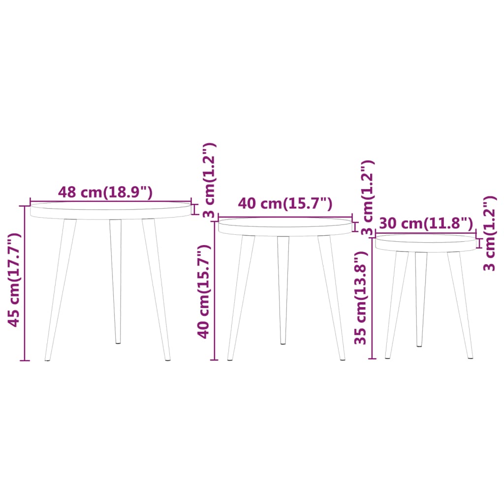 vidaXL Conjunto mesas de apoio 3 pcs MDF e ferro cinzento