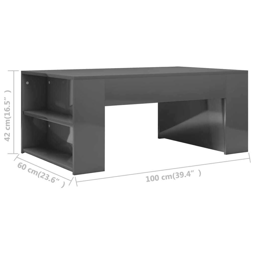 vidaXL Mesa de centro 100x60x42 cm contraplacado cinzento brilhante