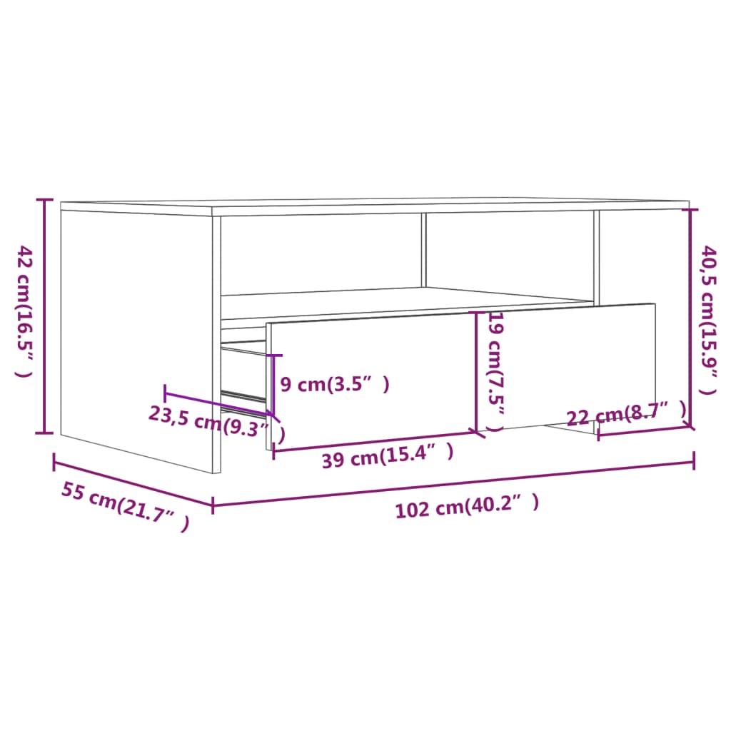 vidaXL Mesa de centro 102x55x42 cm madeira processada branco