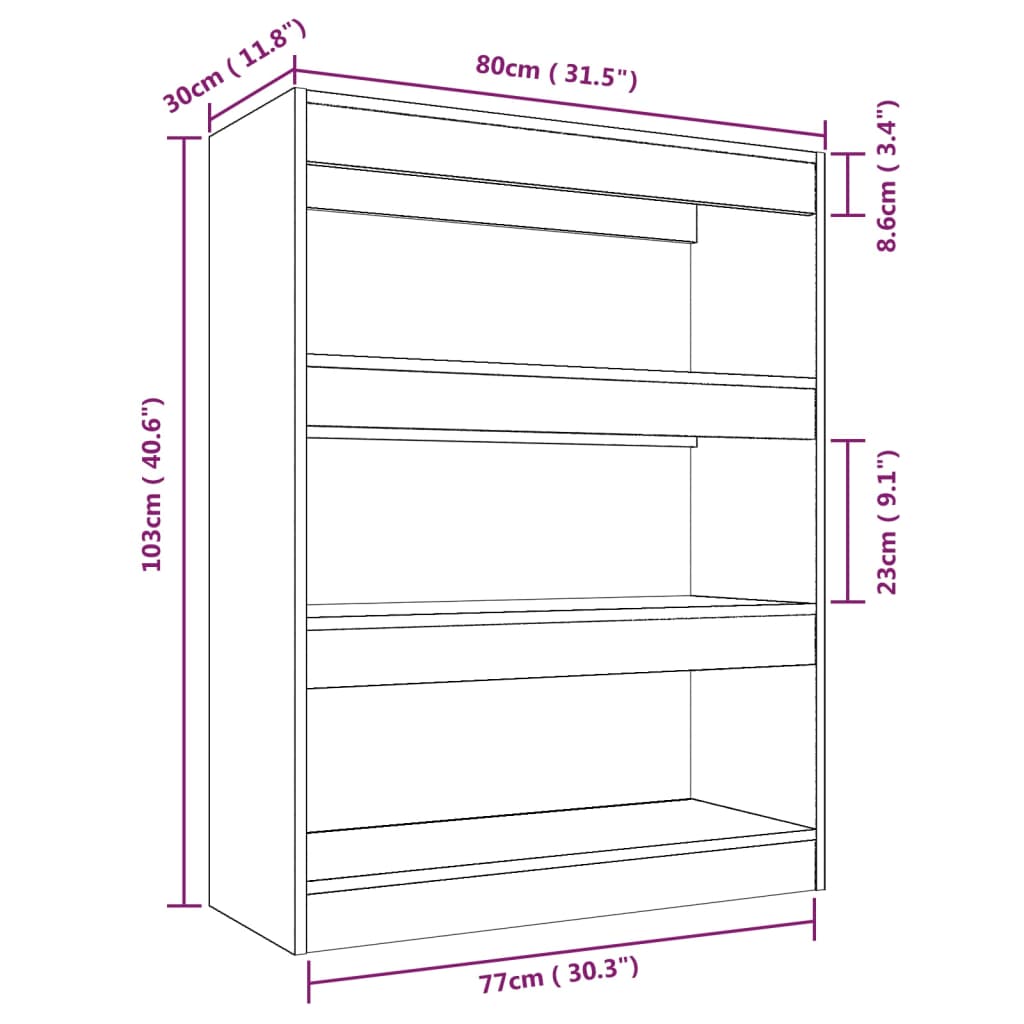 vidaXL Estante/divisória madeira processada 80x30x103 cm branco brilh.