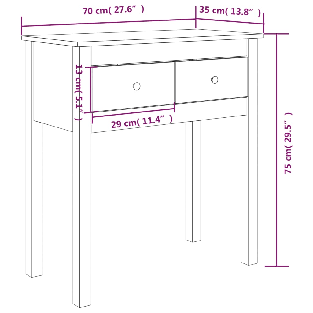 vidaXL Mesa consola 70x35x75 cm madeira de pinho maciço