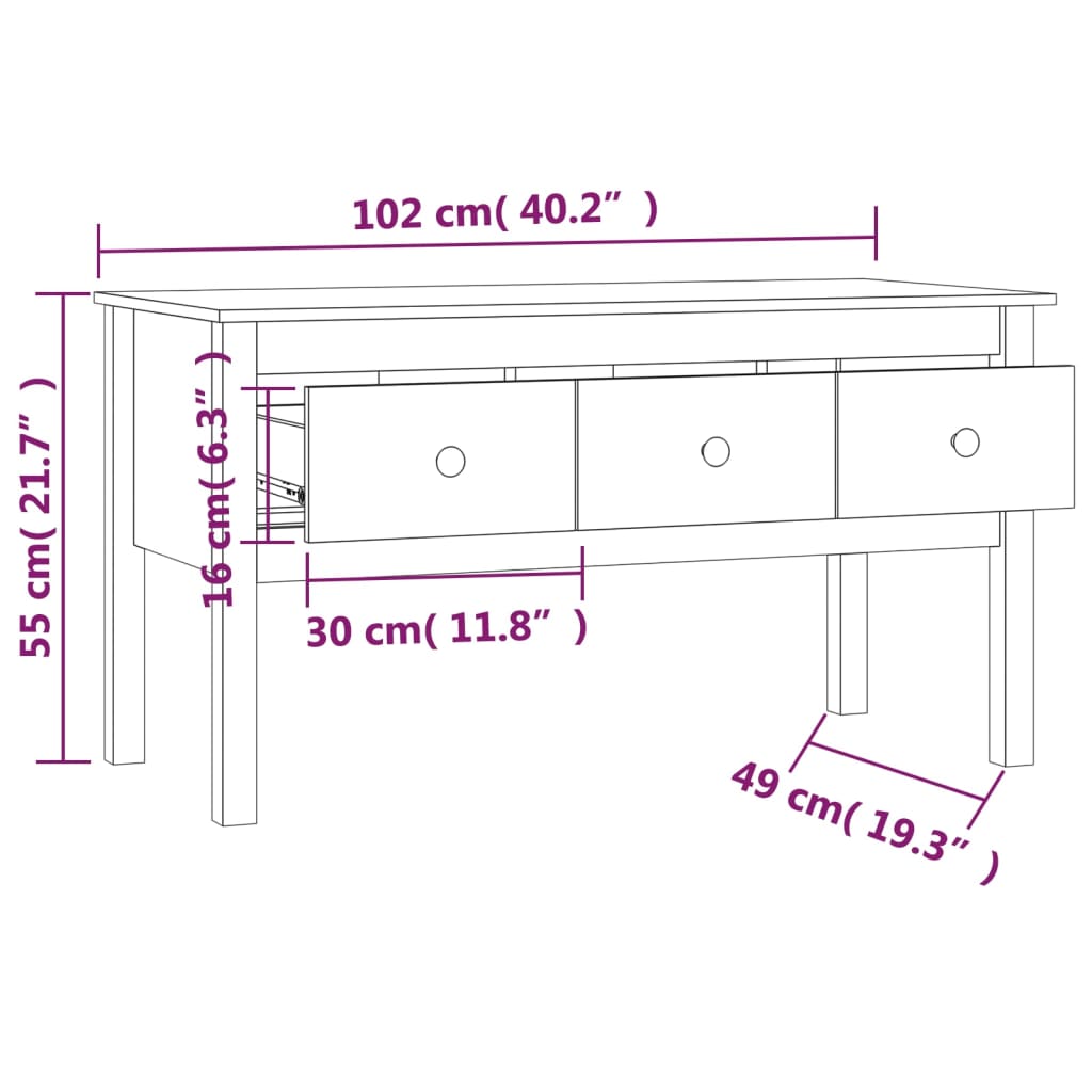 vidaXL Mesa de centro 102x49x55 cm pinho maciço cinza