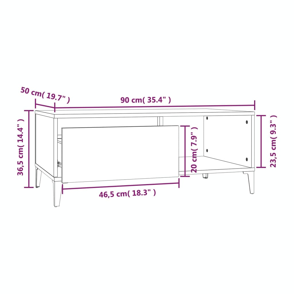 vidaXL Mesa de centro 90x50x36,5 cm derivados madeira cinzento cimento