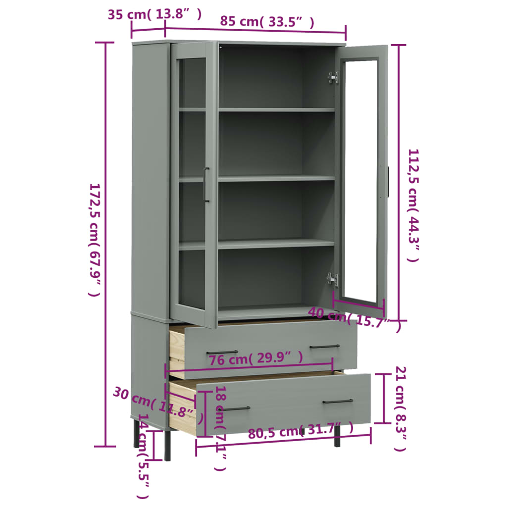 vidaXL Estante c/ pernas metal 85x35x172,5 cm madeira OSLO cinzento