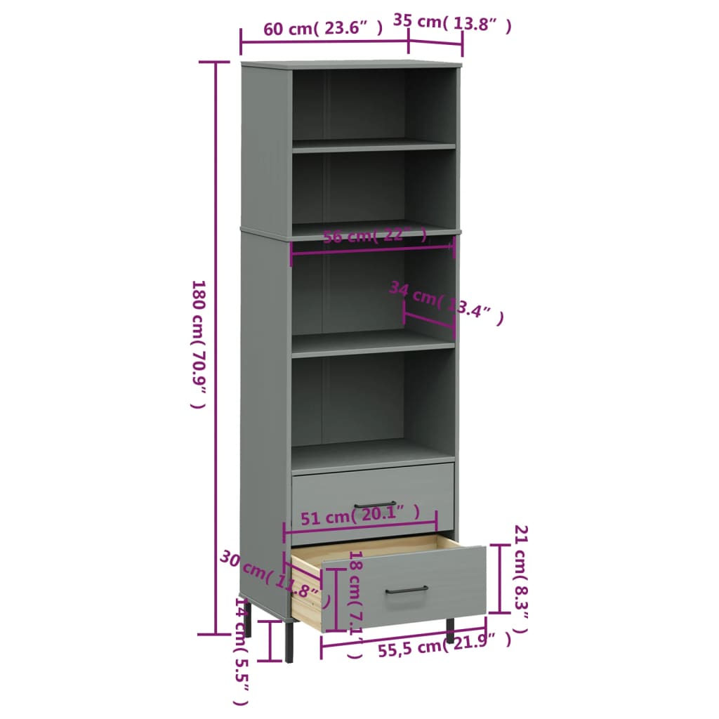 vidaXL Estante c/ 2 gavetas 60x35x180 cm madeira maciça OSLO cinzento