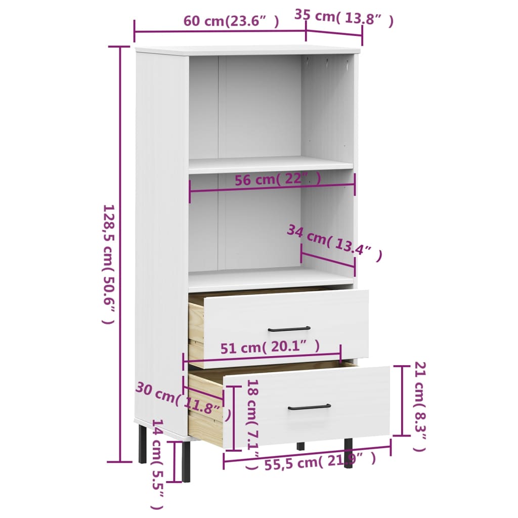 vidaXL Estante c/ 2 gavetas 60x35x128,5 cm madeira maciça OSLO branco