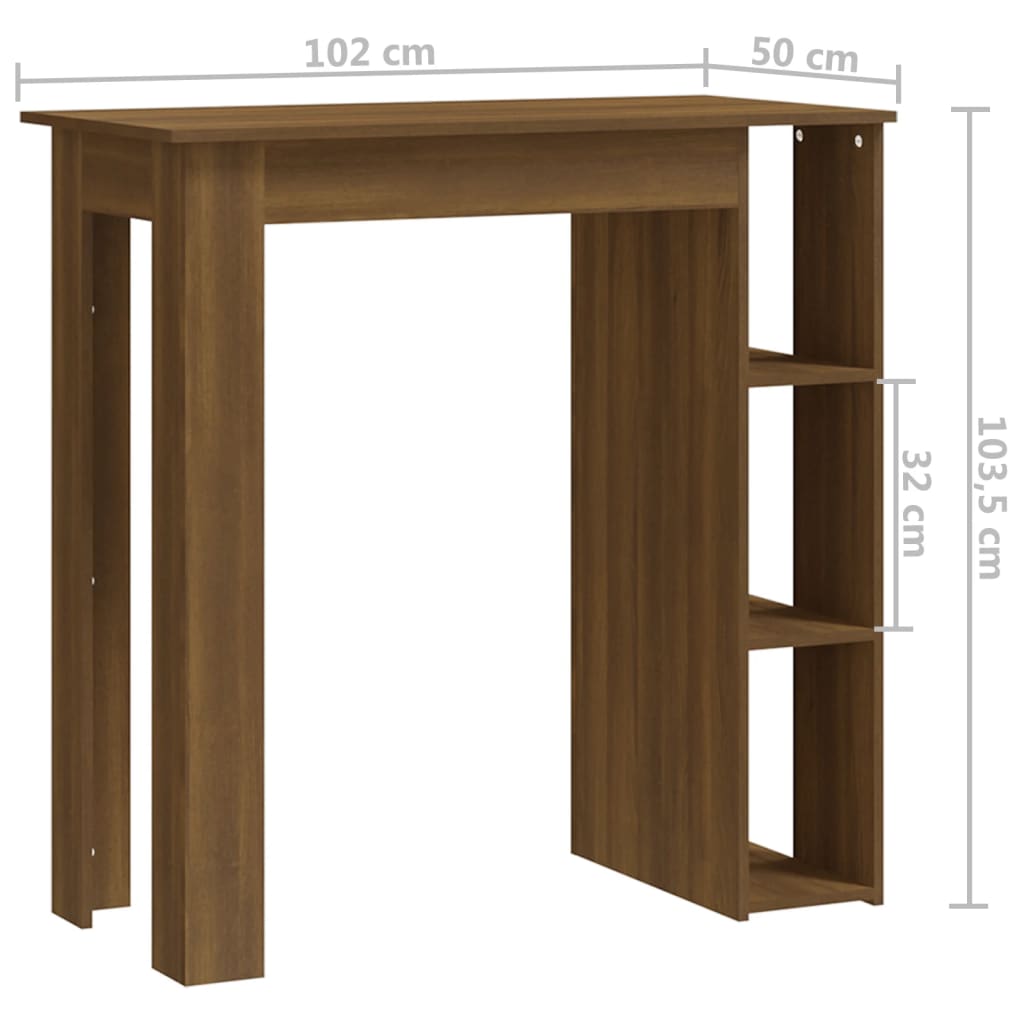 vidaXL Mesa bar c/ prateleiras contraplacado 102x50x103,5cm castanho