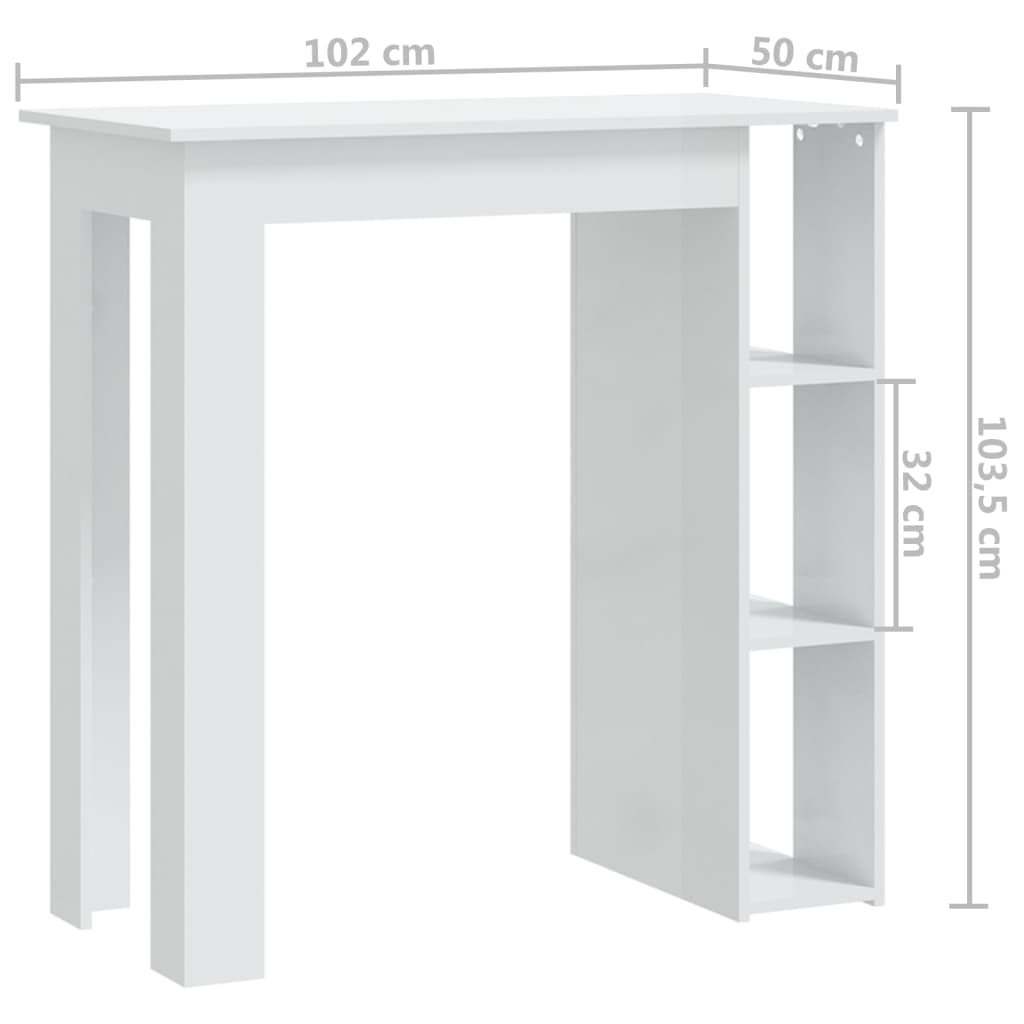 vidaXL Mesa de bar + prateleiras derivados de madeira branco brilhante