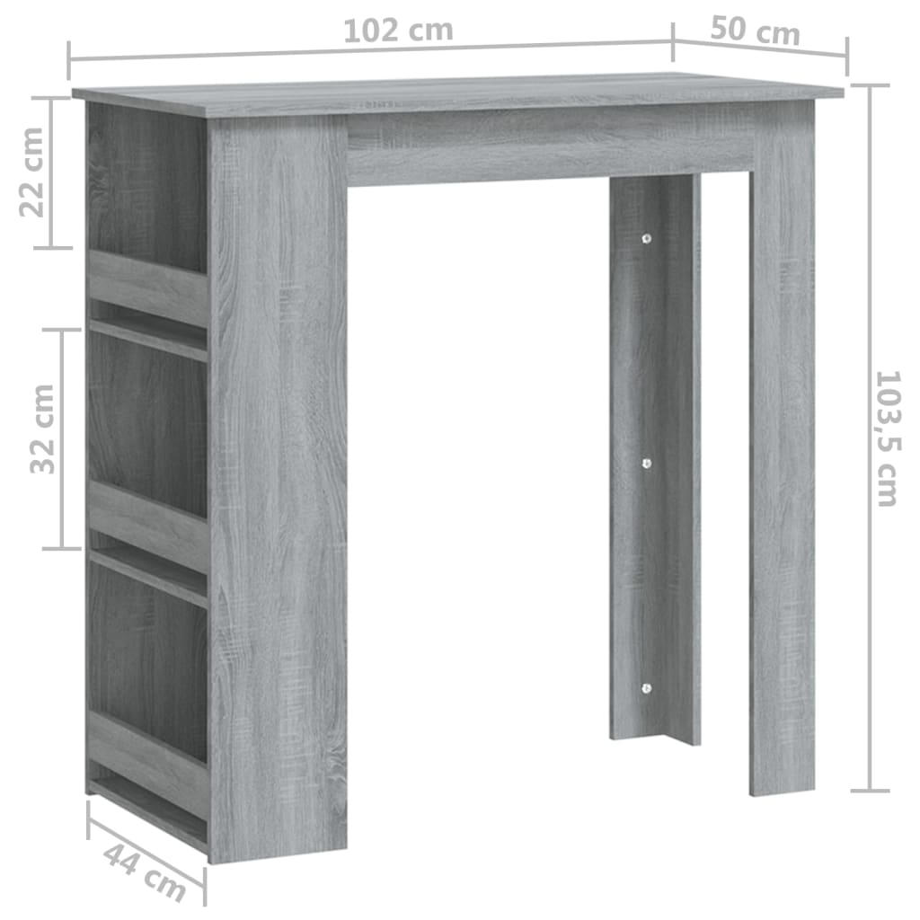 vidaXL Mesa bar c/ prateleiras 102x50x103,5cm aglomer. sonoma cinzento