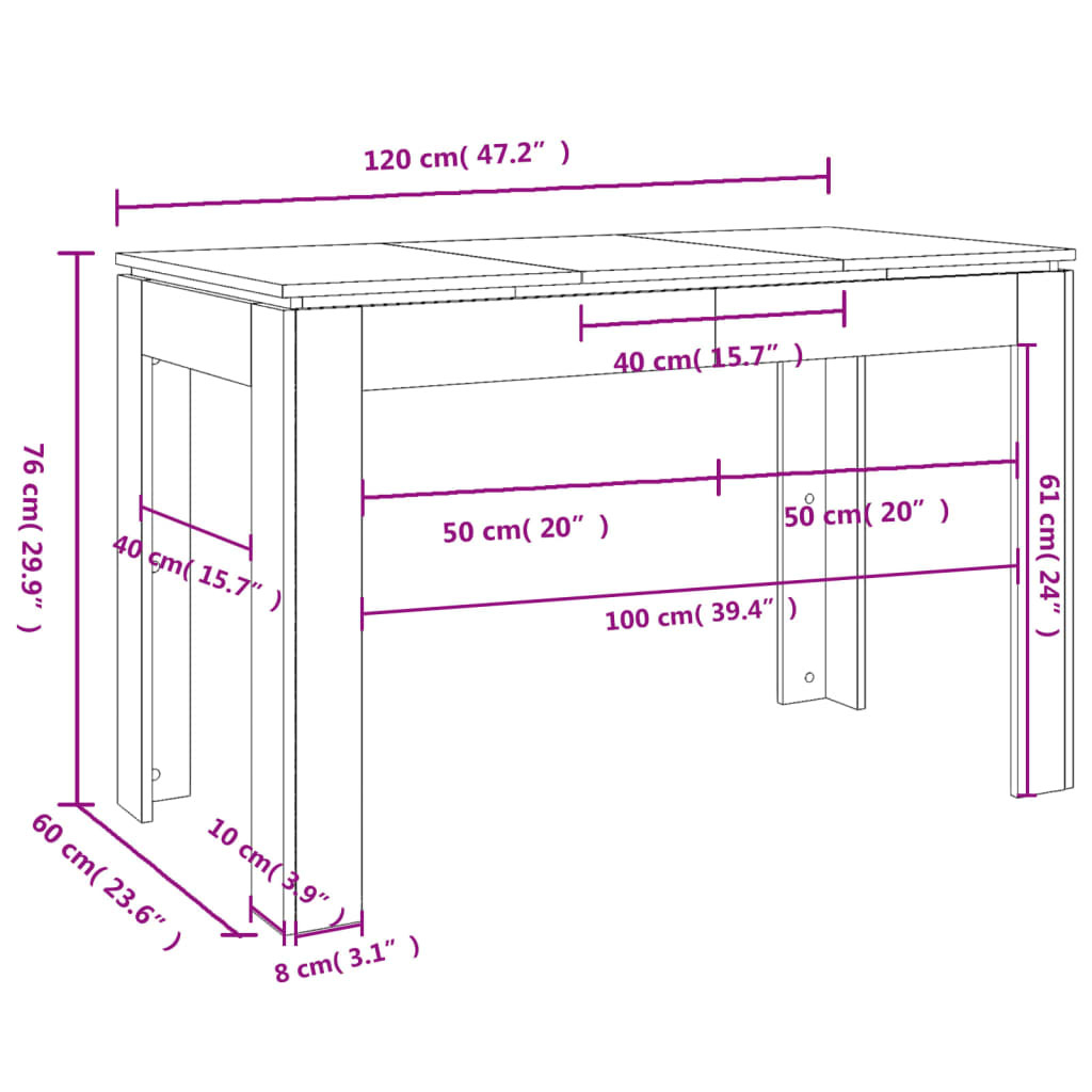 vidaXL Mesa de jantar 120x60x76 cm derivados de madeira cinza sonoma