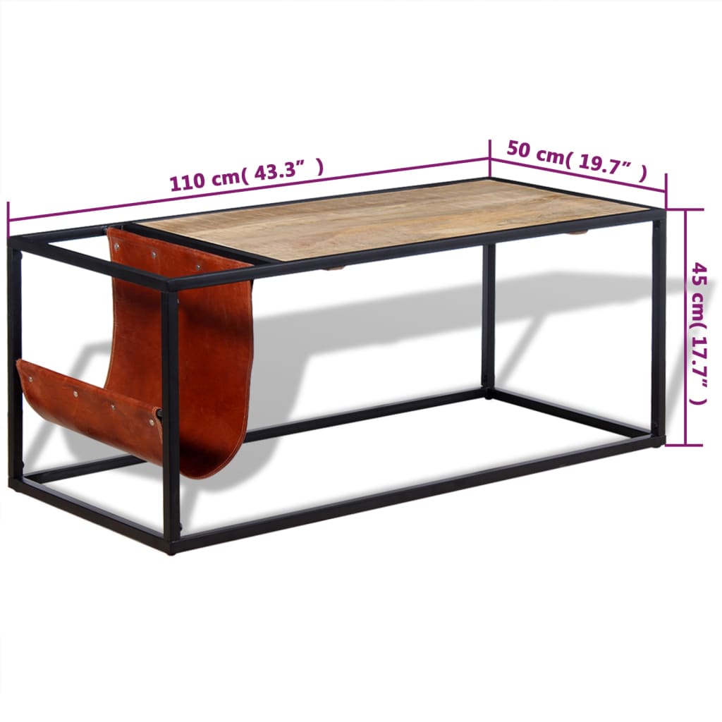 vidaXL Mesa de centro c/ suporte de revistas pele genuína 110x50x45 cm