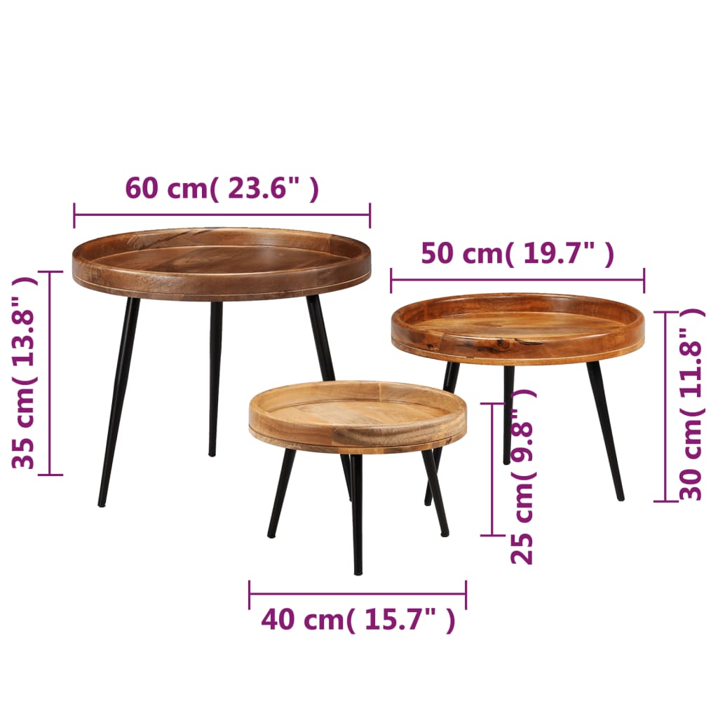 vidaXL Conjunto de mesas 3 pcs madeira de mangueira maciça e aço