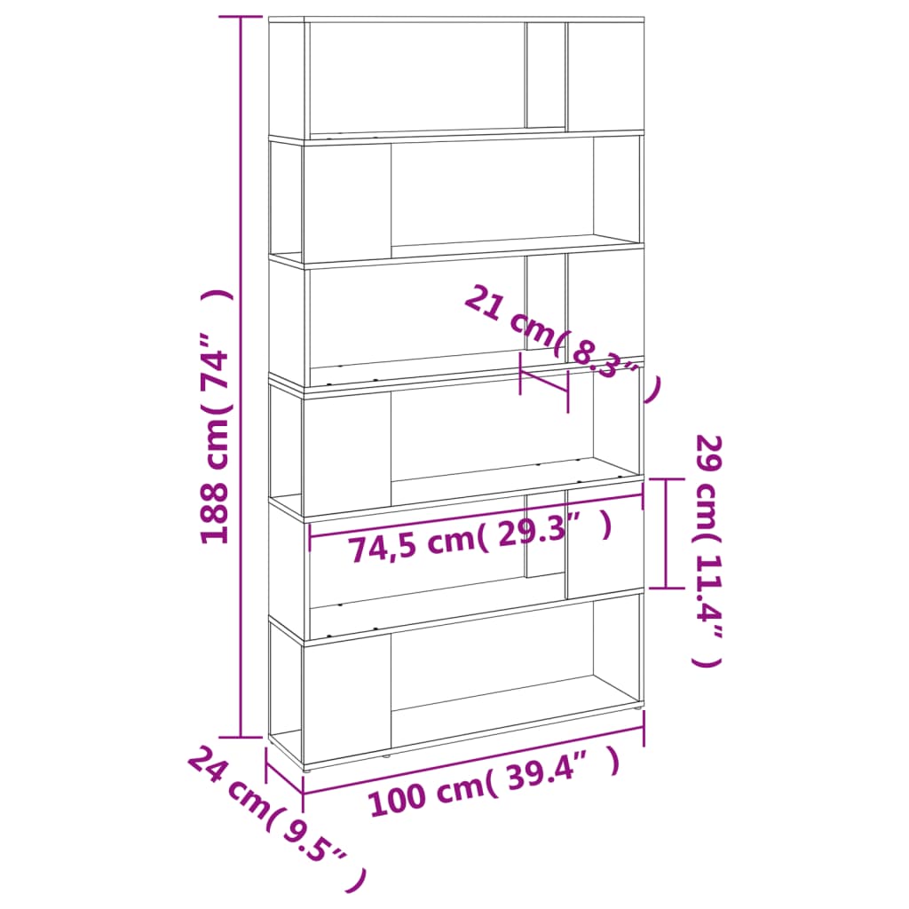 vidaXL Estante/divisória 100x24x188 cm cinzento sonoma